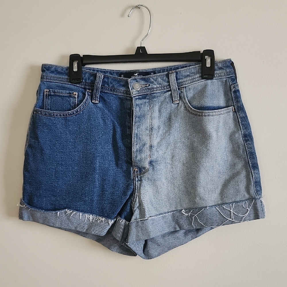 Hollister Two-Tone Blue Jean Shorts Rolled Hem Button Fly